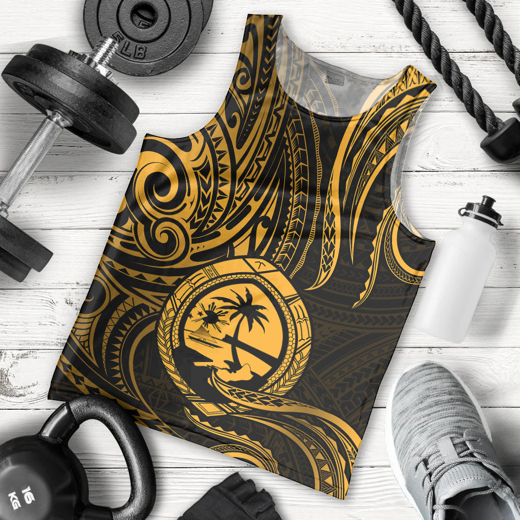 Polynesian Pride Guam Men Tank Top With Polynesian Tribal Tattoo and Coat of Arms Gold Version