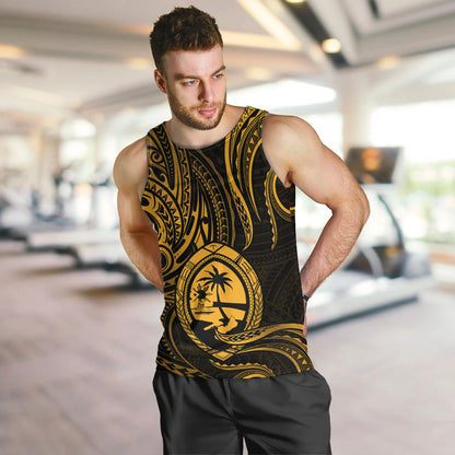 Polynesian Pride Guam Men Tank Top With Polynesian Tribal Tattoo and Coat of Arms Gold Version