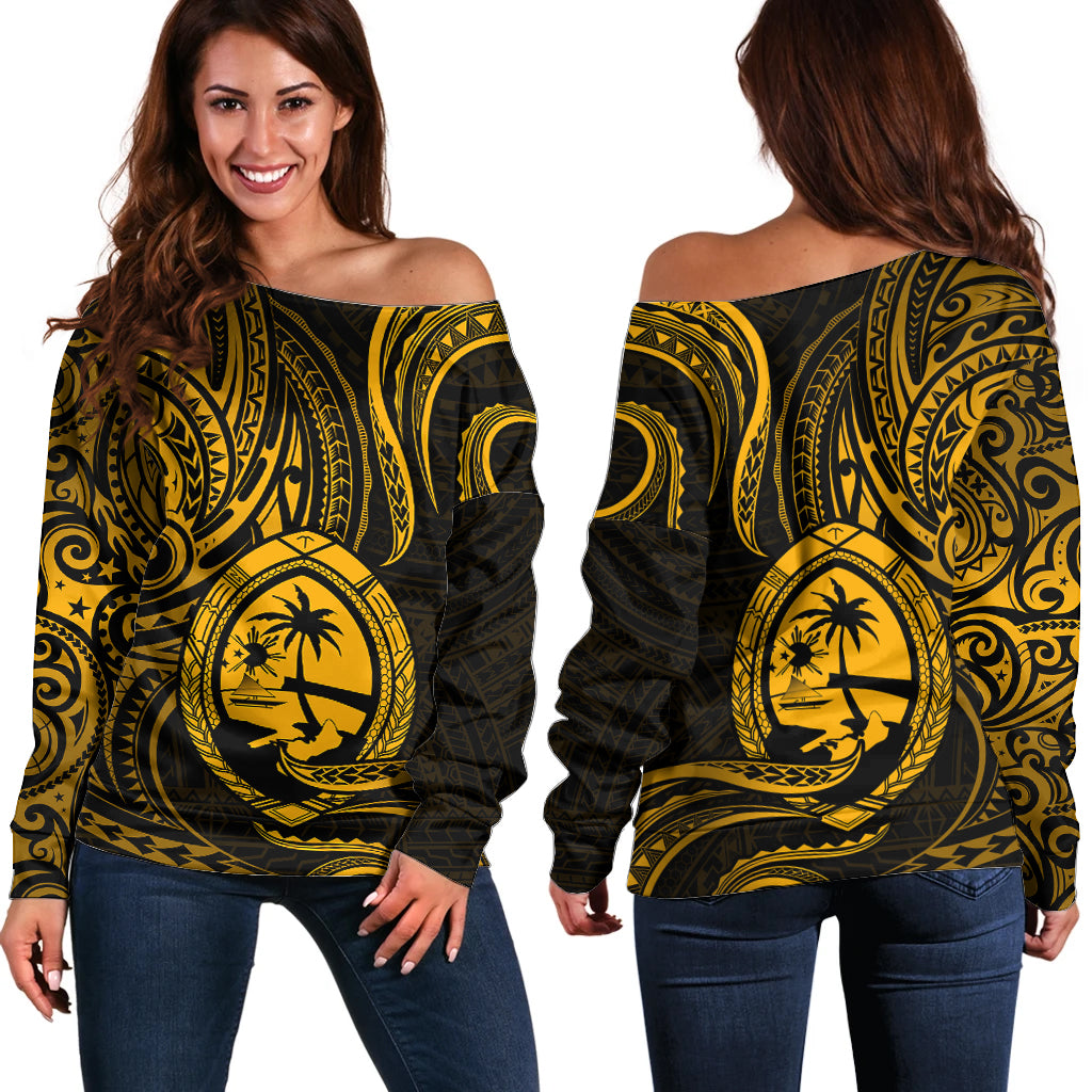 Polynesian Guam Off Shoulder Sweater With Polynesian Tribal Tattoo and Coat of Arms Gold Version