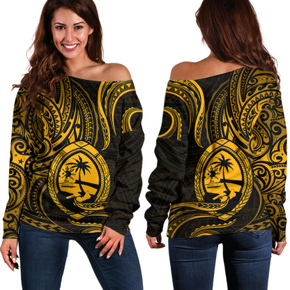 Polynesian Guam Off Shoulder Sweater With Polynesian Tribal Tattoo and Coat of Arms Gold Version
