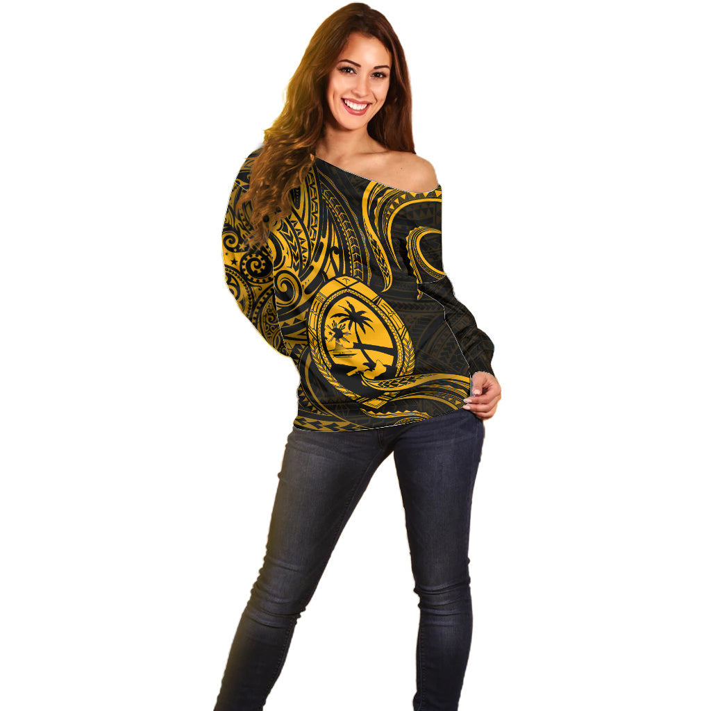Polynesian Guam Off Shoulder Sweater With Polynesian Tribal Tattoo and Coat of Arms Gold Version