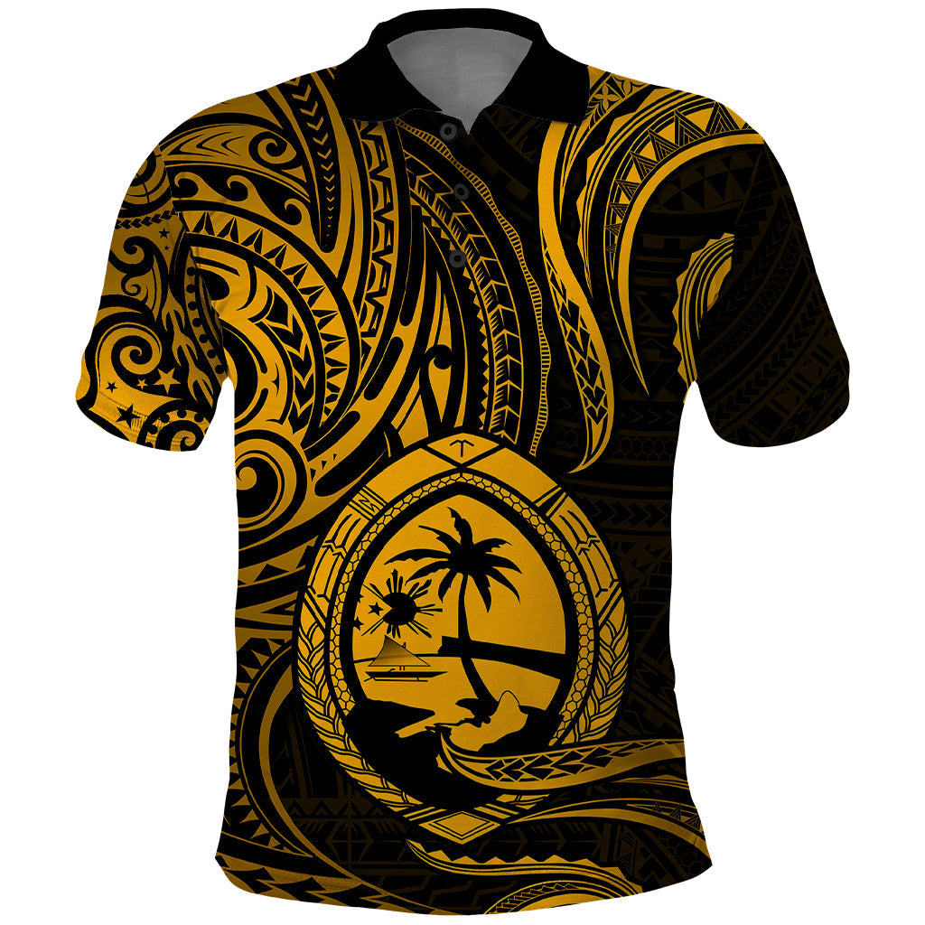 Polynesian Guam Polo Shirt With Polynesian Tribal Tattoo and Coat of Arms Gold Version