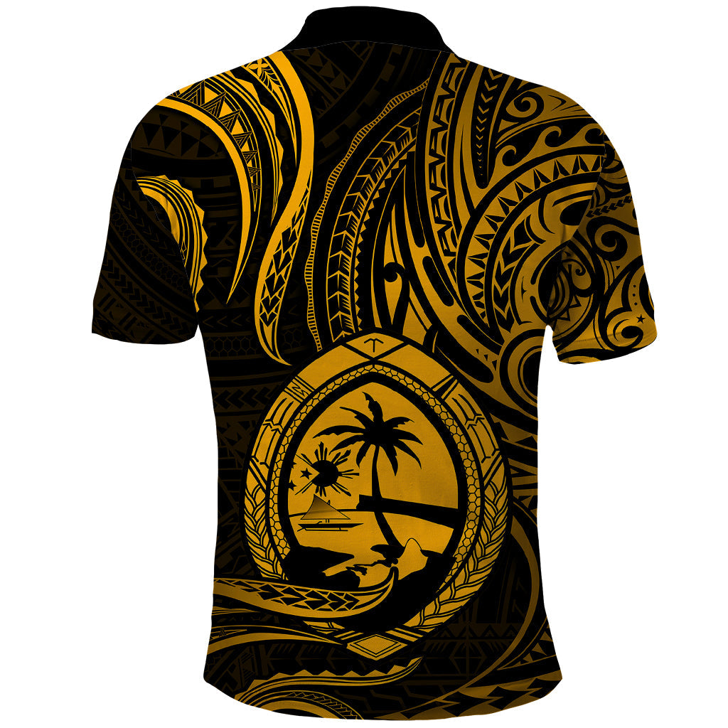 Polynesian Guam Polo Shirt With Polynesian Tribal Tattoo and Coat of Arms Gold Version