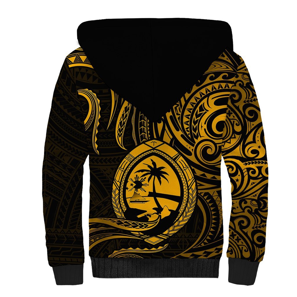 Polynesian Guam Sherpa Hoodie With Polynesian Tribal Tattoo and Coat of Arms Gold Version