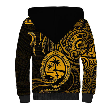 Polynesian Guam Sherpa Hoodie With Polynesian Tribal Tattoo and Coat of Arms Gold Version