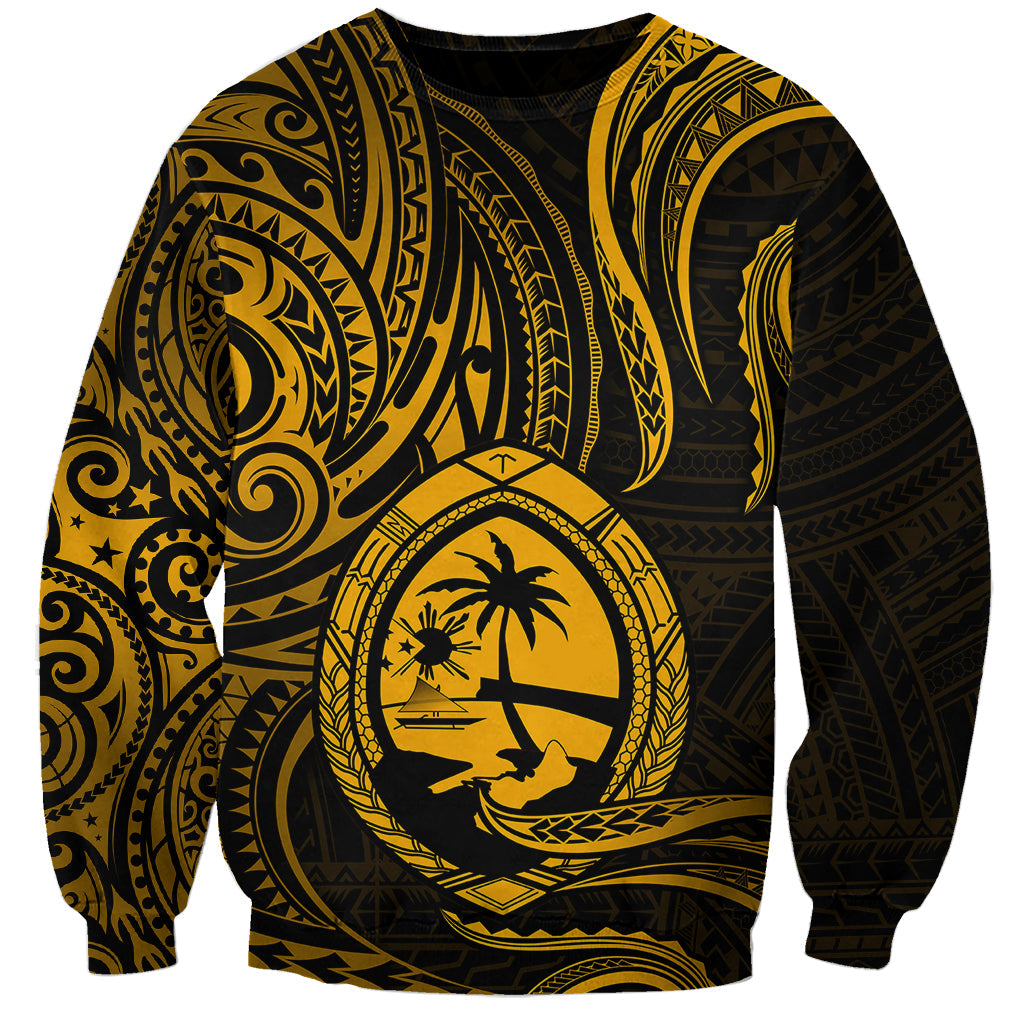 Polynesian Guam Sweatshirt With Polynesian Tribal Tattoo and Coat of Arms Gold Version