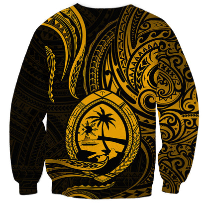 Polynesian Guam Sweatshirt With Polynesian Tribal Tattoo and Coat of Arms Gold Version