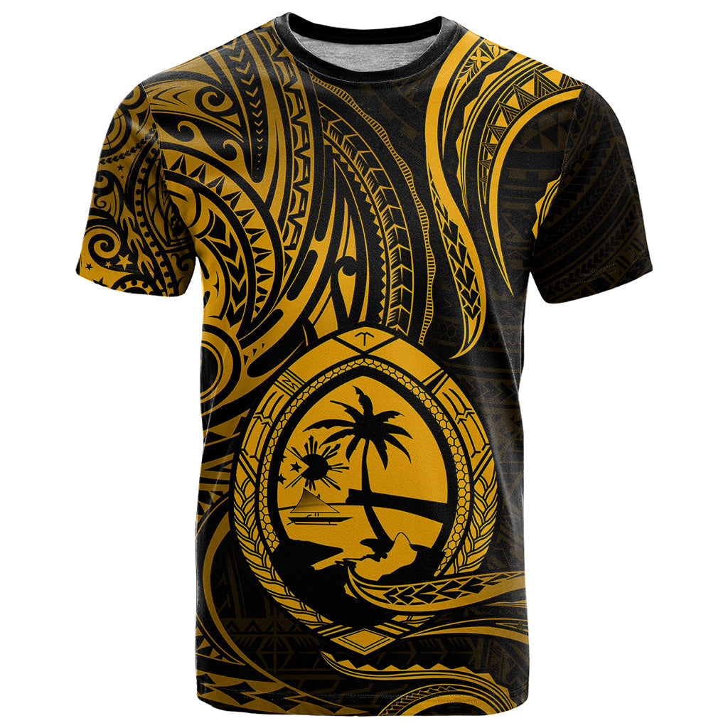 Polynesian Guam T Shirt With Polynesian Tribal Tattoo and Coat of Arms Gold Version