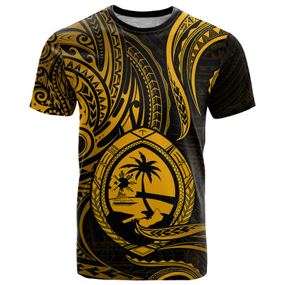 Polynesian Guam T Shirt With Polynesian Tribal Tattoo and Coat of Arms Gold Version