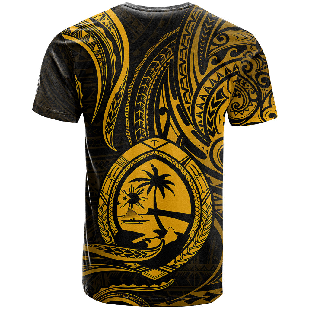 Polynesian Guam T Shirt With Polynesian Tribal Tattoo and Coat of Arms Gold Version