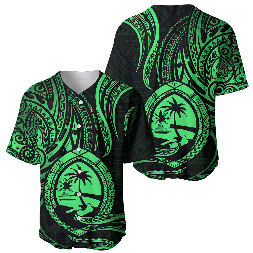 Polynesian Guam Baseball Jersey With Polynesian Tribal Tattoo and Coat of Arms Green Version