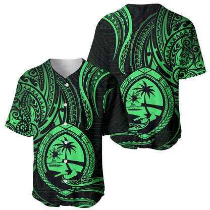 Polynesian Guam Baseball Jersey With Polynesian Tribal Tattoo and Coat of Arms Green Version