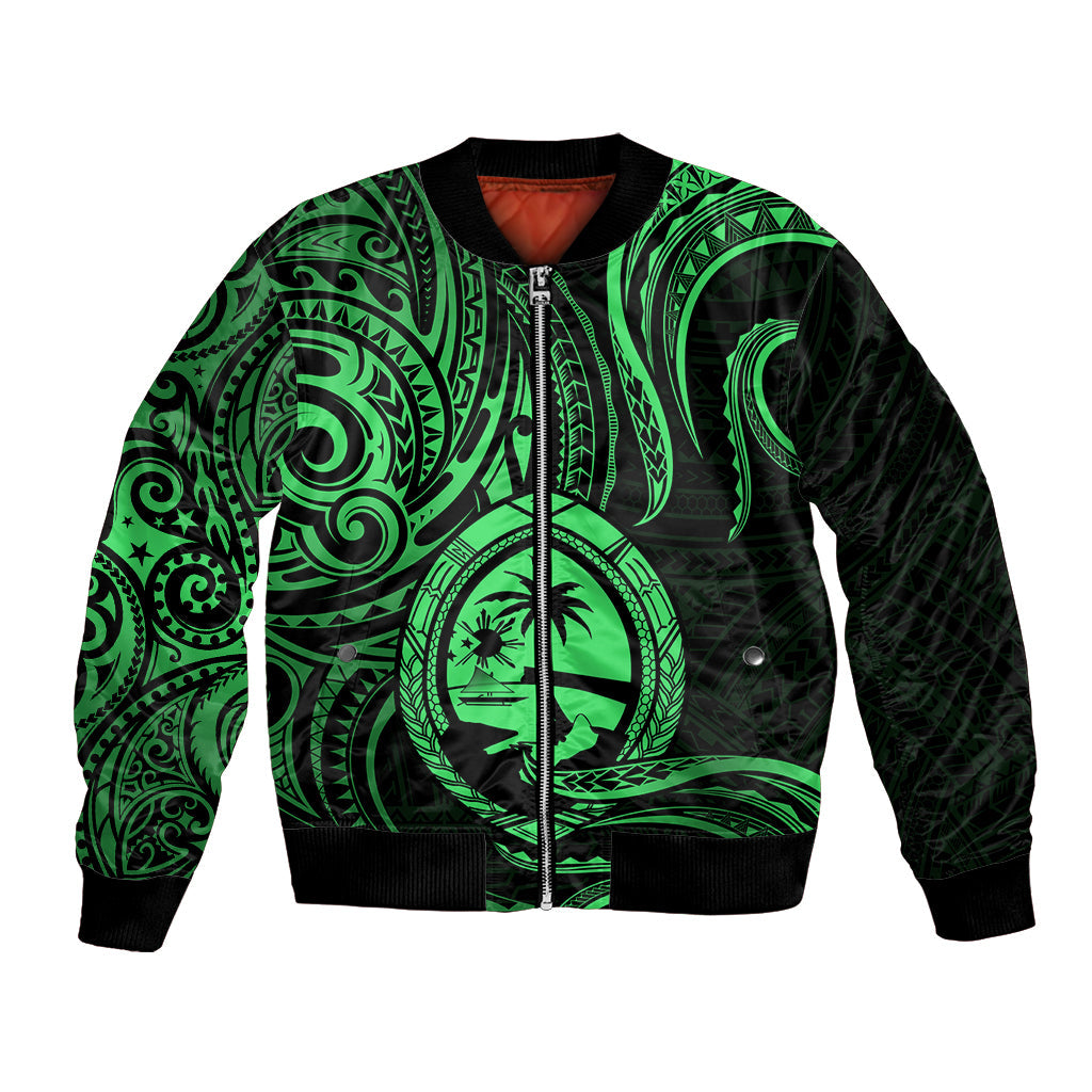 Polynesian Guam Bomber Jacket With Polynesian Tribal Tattoo and Coat of Arms Green Version
