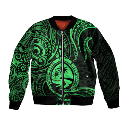 Polynesian Guam Bomber Jacket With Polynesian Tribal Tattoo and Coat of Arms Green Version