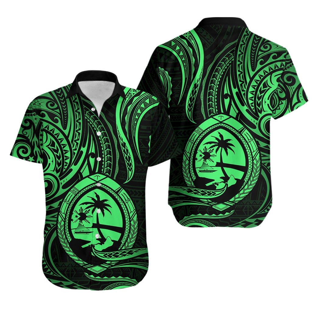 Polynesian Guam Hawaiian Shirt With Polynesian Tribal Tattoo and Coat of Arms Green Version