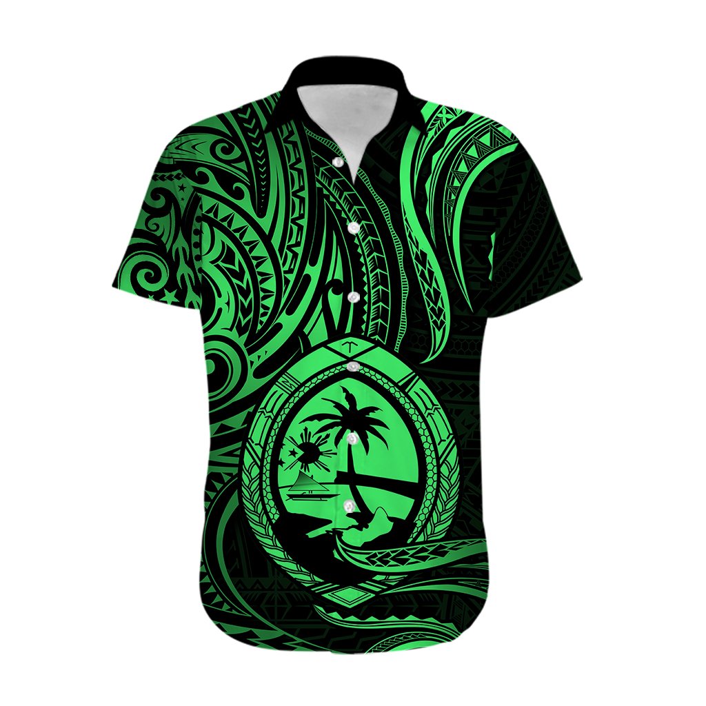 Polynesian Guam Hawaiian Shirt With Polynesian Tribal Tattoo and Coat of Arms Green Version