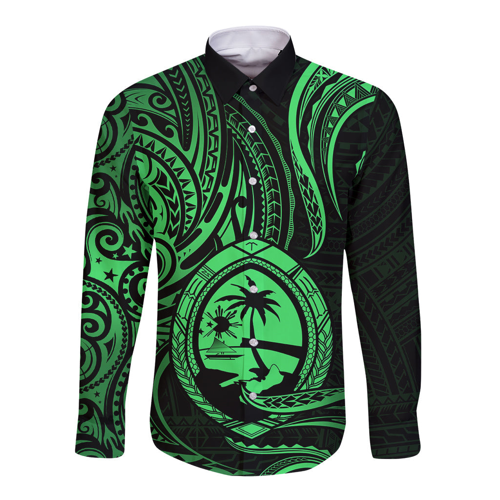 Polynesian Guam Long Sleeve Button Shirt With Polynesian Tribal Tattoo and Coat of Arms Green Version