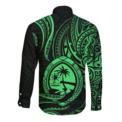 Polynesian Guam Long Sleeve Button Shirt With Polynesian Tribal Tattoo and Coat of Arms Green Version
