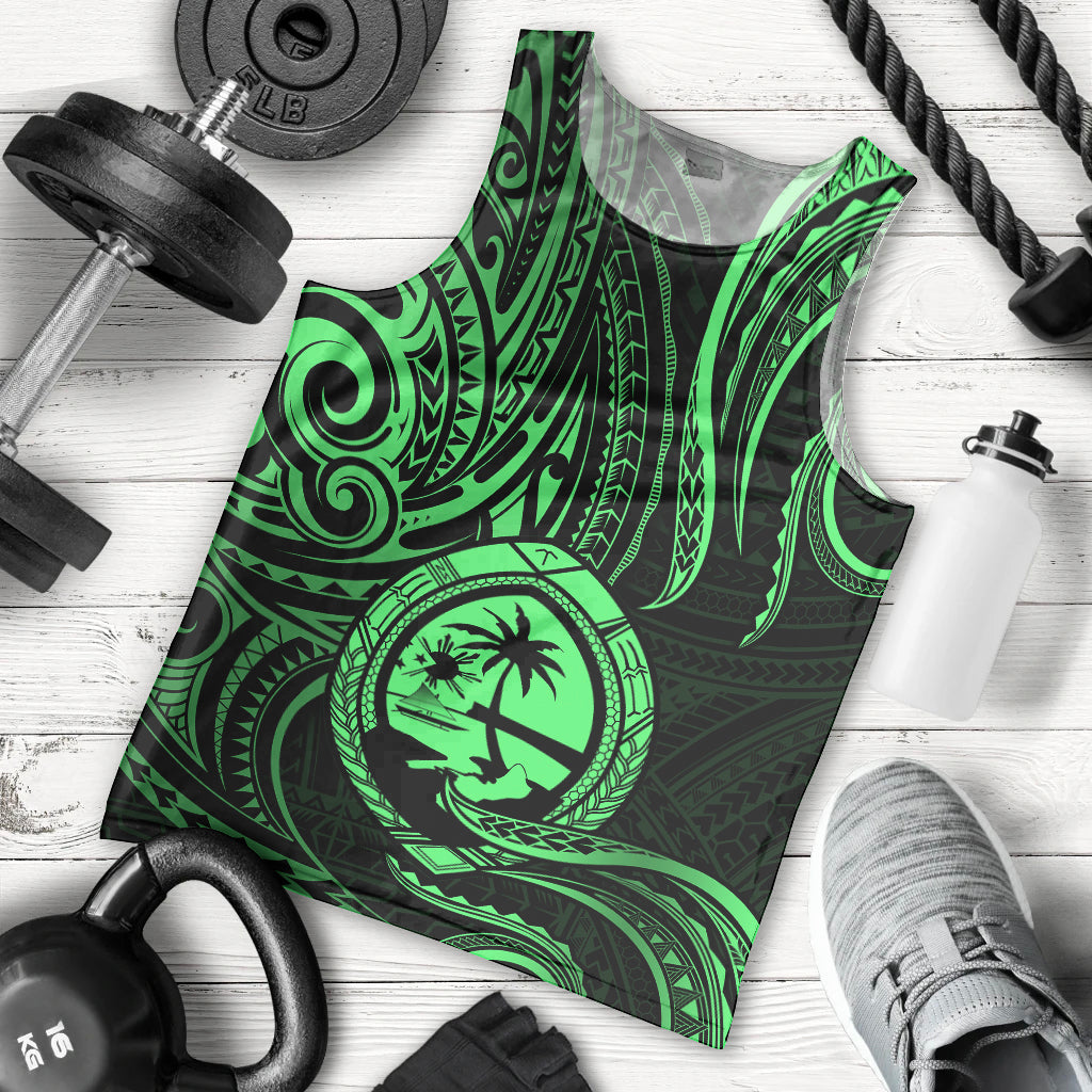 Polynesian Pride Guam Men Tank Top With Polynesian Tribal Tattoo and Coat of Arms Green Version