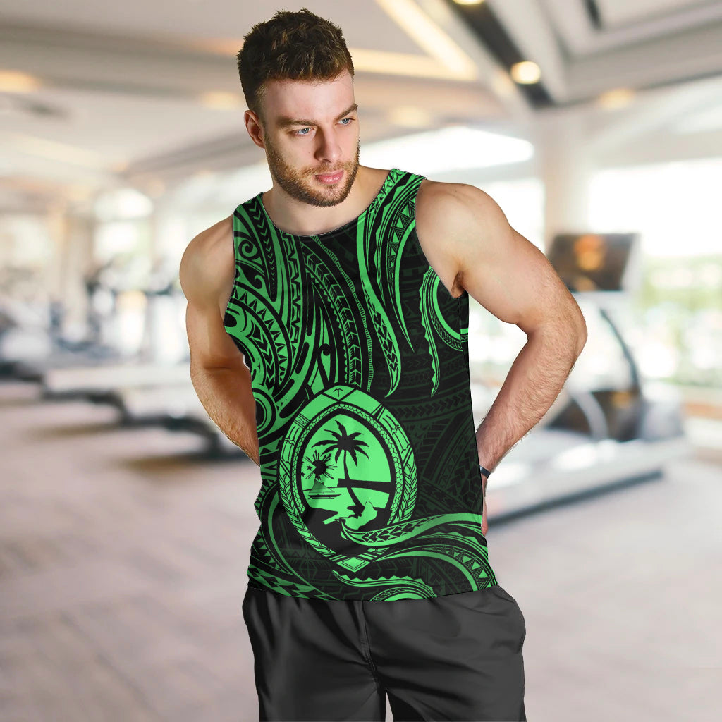 Polynesian Pride Guam Men Tank Top With Polynesian Tribal Tattoo and Coat of Arms Green Version