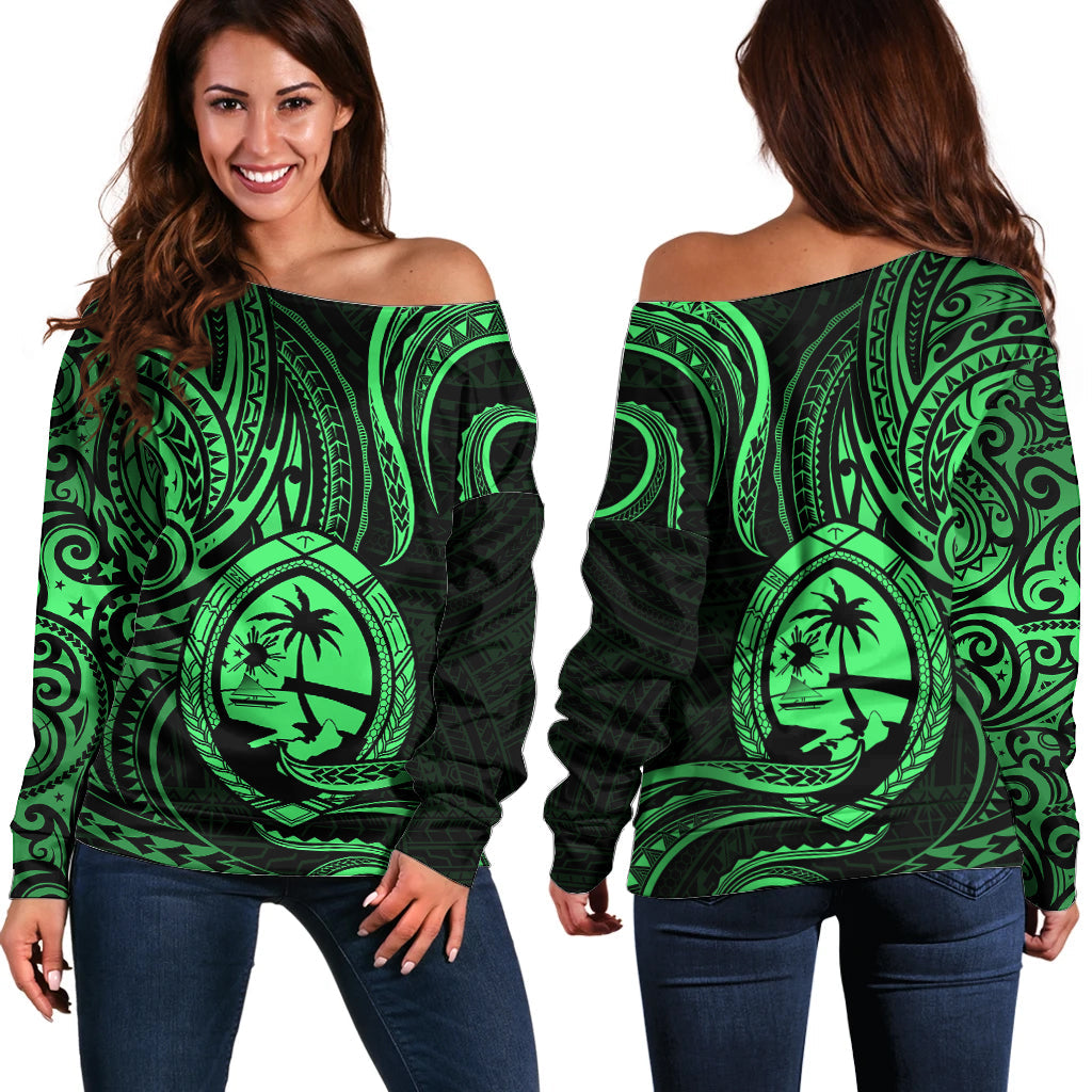 Polynesian Guam Off Shoulder Sweater With Polynesian Tribal Tattoo and Coat of Arms Green Version