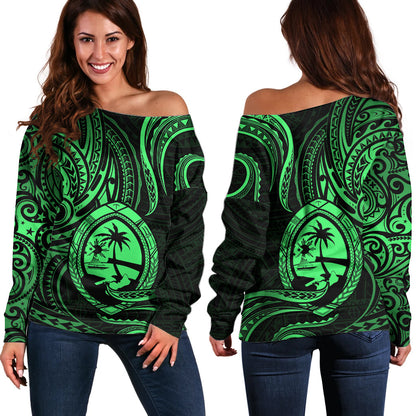 Polynesian Guam Off Shoulder Sweater With Polynesian Tribal Tattoo and Coat of Arms Green Version