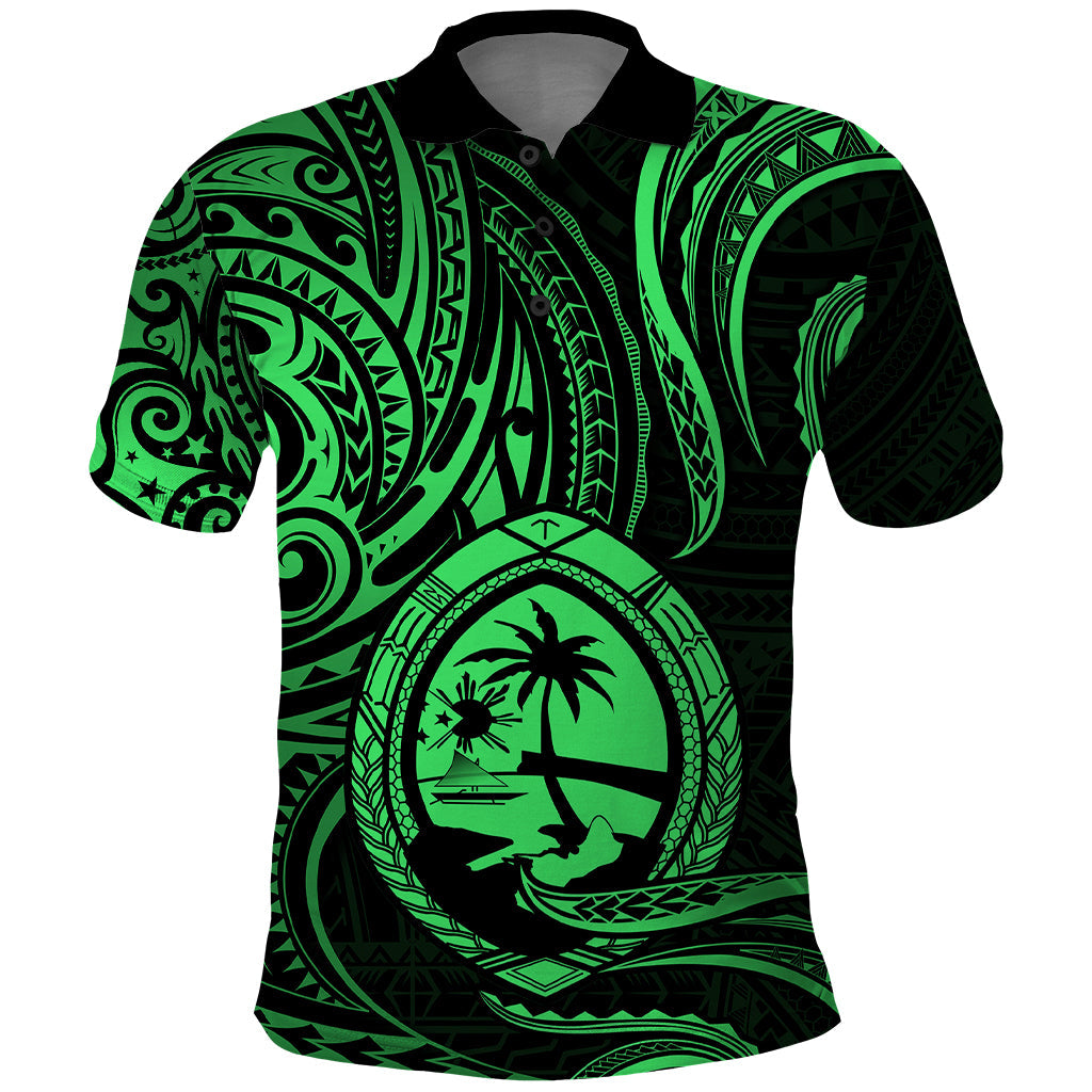 Polynesian Guam Polo Shirt With Polynesian Tribal Tattoo and Coat of Arms Green Version