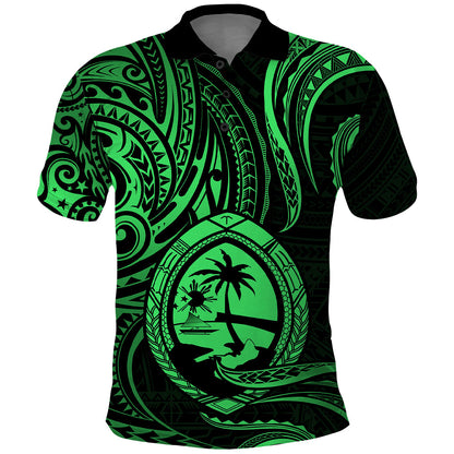 Polynesian Guam Polo Shirt With Polynesian Tribal Tattoo and Coat of Arms Green Version