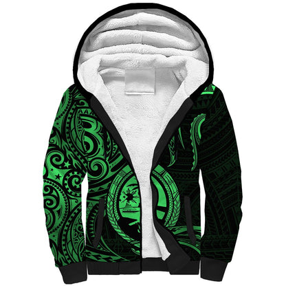 Polynesian Guam Sherpa Hoodie With Polynesian Tribal Tattoo and Coat of Arms Green Version