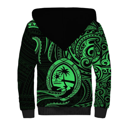 Polynesian Guam Sherpa Hoodie With Polynesian Tribal Tattoo and Coat of Arms Green Version
