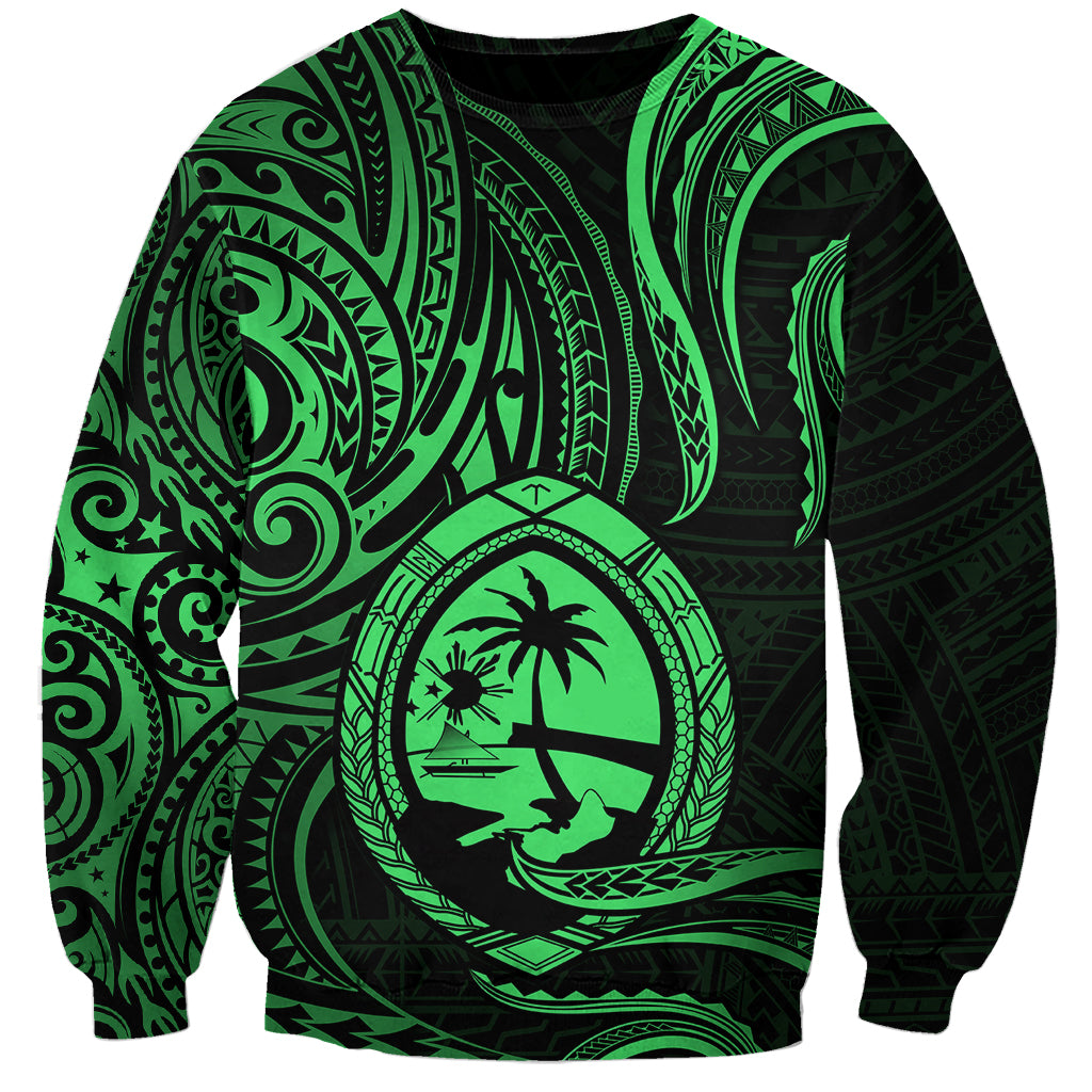 Polynesian Guam Sweatshirt With Polynesian Tribal Tattoo and Coat of Arms Green Version