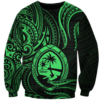Polynesian Guam Sweatshirt With Polynesian Tribal Tattoo and Coat of Arms Green Version
