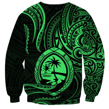 Polynesian Guam Sweatshirt With Polynesian Tribal Tattoo and Coat of Arms Green Version