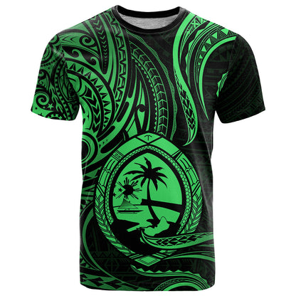 Polynesian Guam T Shirt With Polynesian Tribal Tattoo and Coat of Arms Green Version