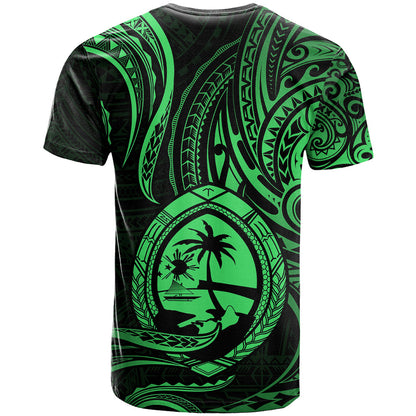Polynesian Guam T Shirt With Polynesian Tribal Tattoo and Coat of Arms Green Version