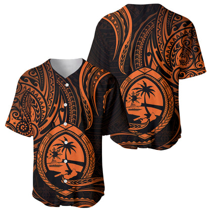 Polynesian Guam Baseball Jersey With Polynesian Tribal Tattoo and Coat of Arms Orange Version