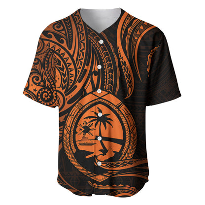 Polynesian Guam Baseball Jersey With Polynesian Tribal Tattoo and Coat of Arms Orange Version