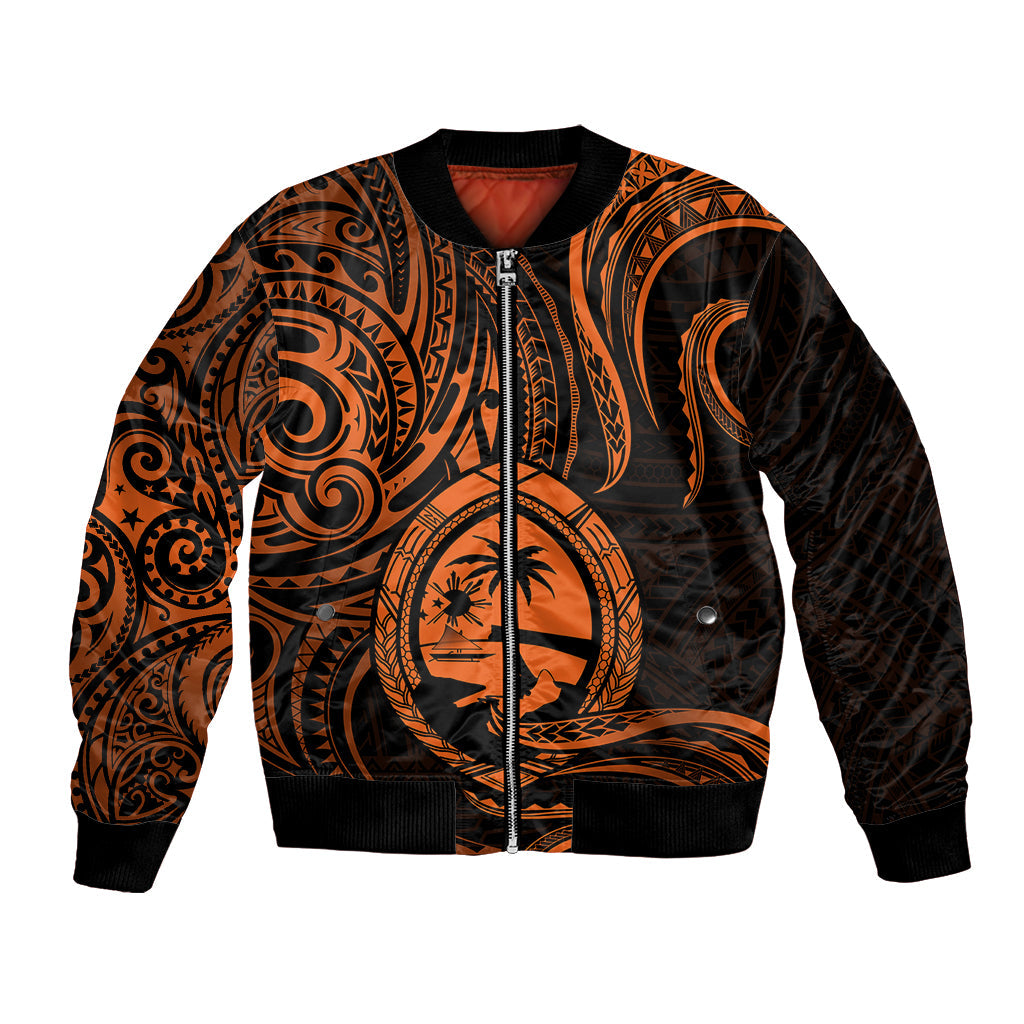 Polynesian Guam Bomber Jacket With Polynesian Tribal Tattoo and Coat of Arms Orange Version