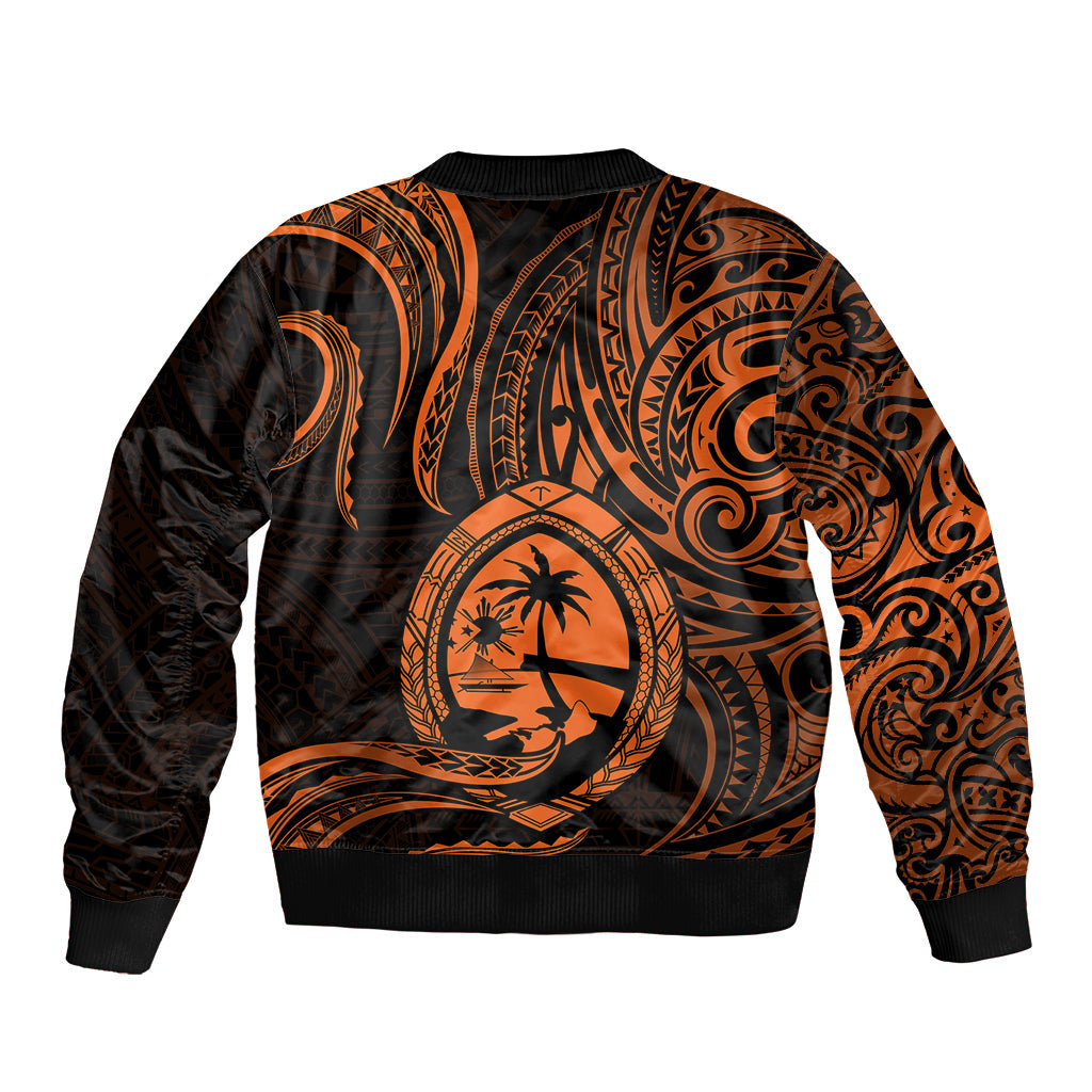 Polynesian Guam Bomber Jacket With Polynesian Tribal Tattoo and Coat of Arms Orange Version