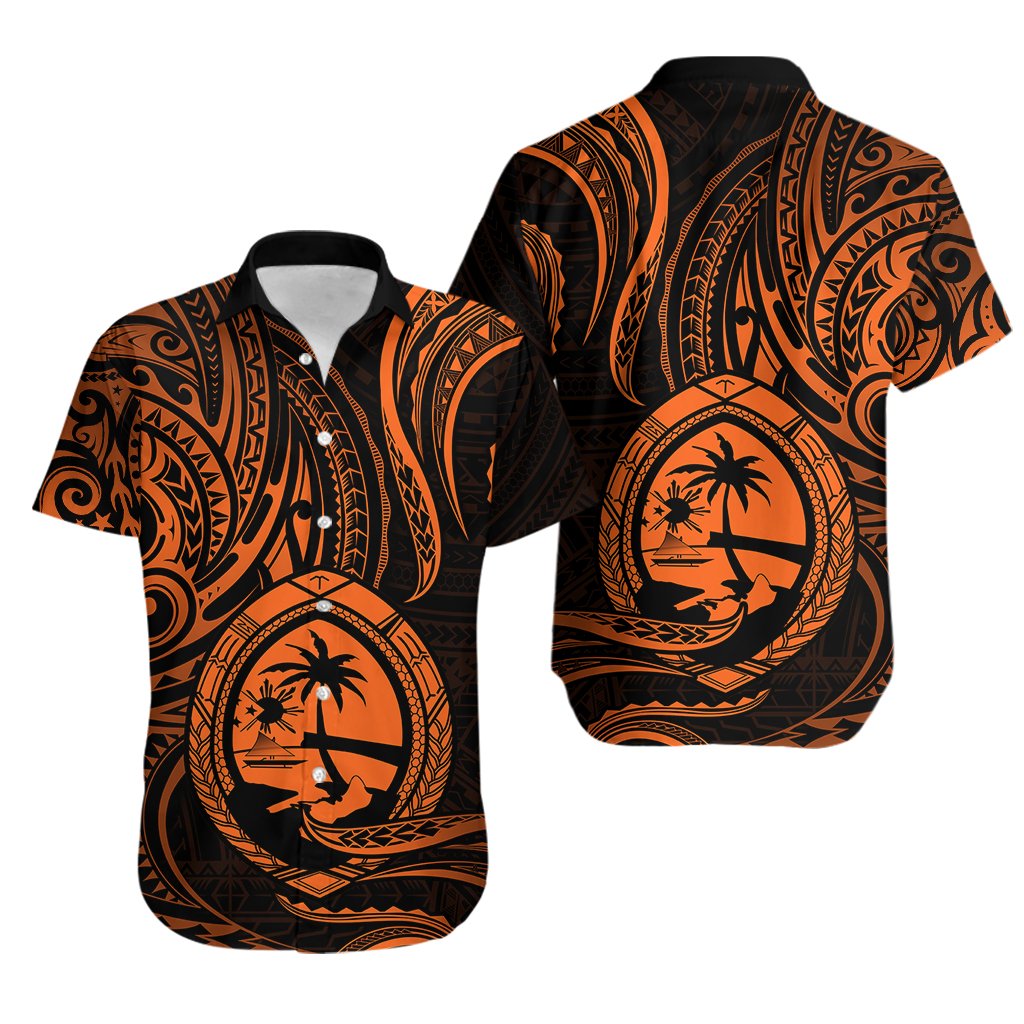 Polynesian Guam Hawaiian Shirt With Polynesian Tribal Tattoo and Coat of Arms Orange Version