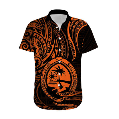 Polynesian Guam Hawaiian Shirt With Polynesian Tribal Tattoo and Coat of Arms Orange Version
