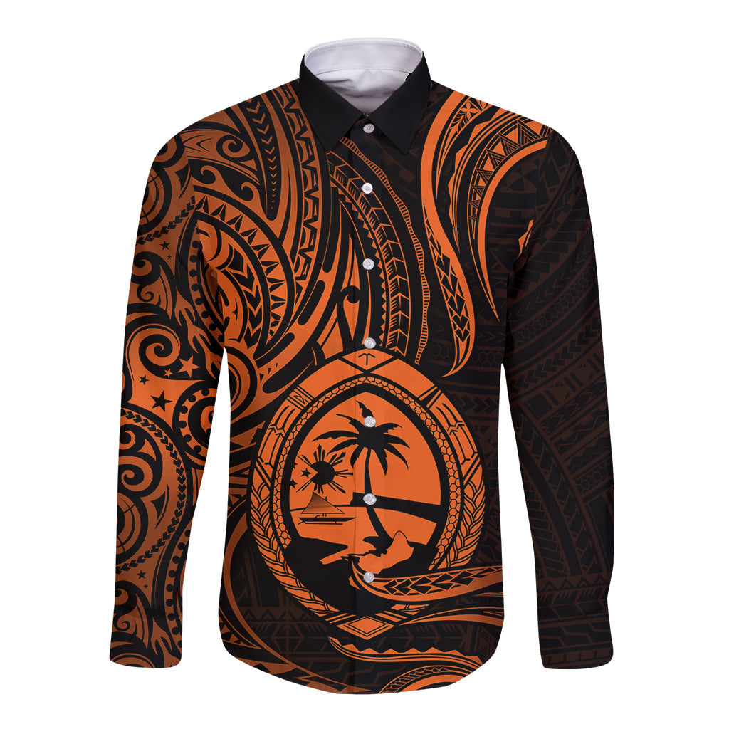 Polynesian Guam Long Sleeve Button Shirt With Polynesian Tribal Tattoo and Coat of Arms Orange Version