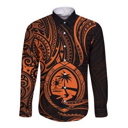 Polynesian Guam Long Sleeve Button Shirt With Polynesian Tribal Tattoo and Coat of Arms Orange Version
