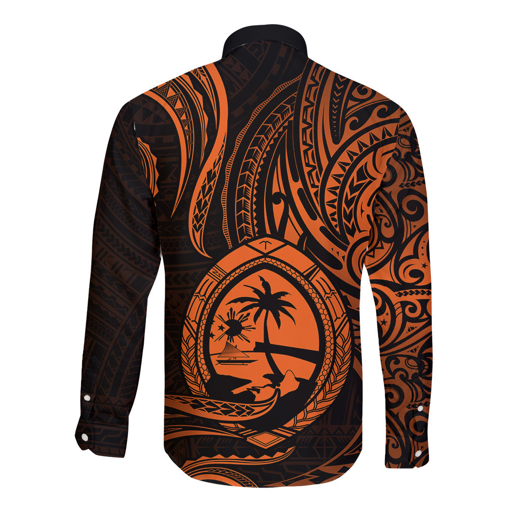 Polynesian Guam Long Sleeve Button Shirt With Polynesian Tribal Tattoo and Coat of Arms Orange Version
