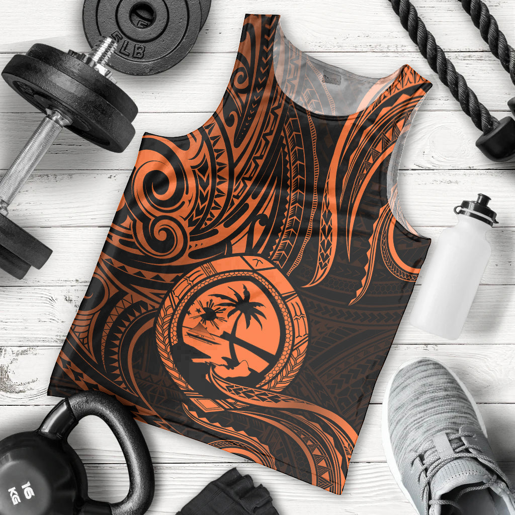 Polynesian Pride Guam Men Tank Top With Polynesian Tribal Tattoo and Coat of Arms Orange Version