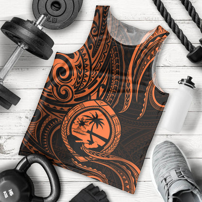 Polynesian Pride Guam Men Tank Top With Polynesian Tribal Tattoo and Coat of Arms Orange Version