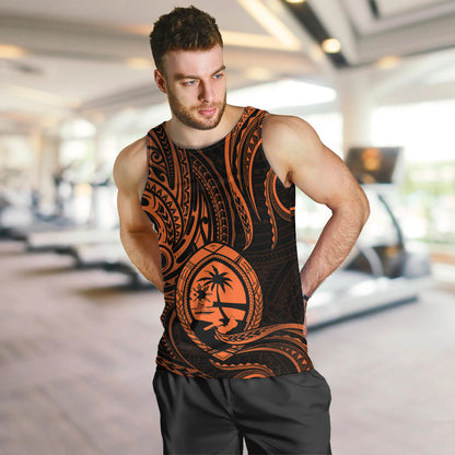 Polynesian Pride Guam Men Tank Top With Polynesian Tribal Tattoo and Coat of Arms Orange Version