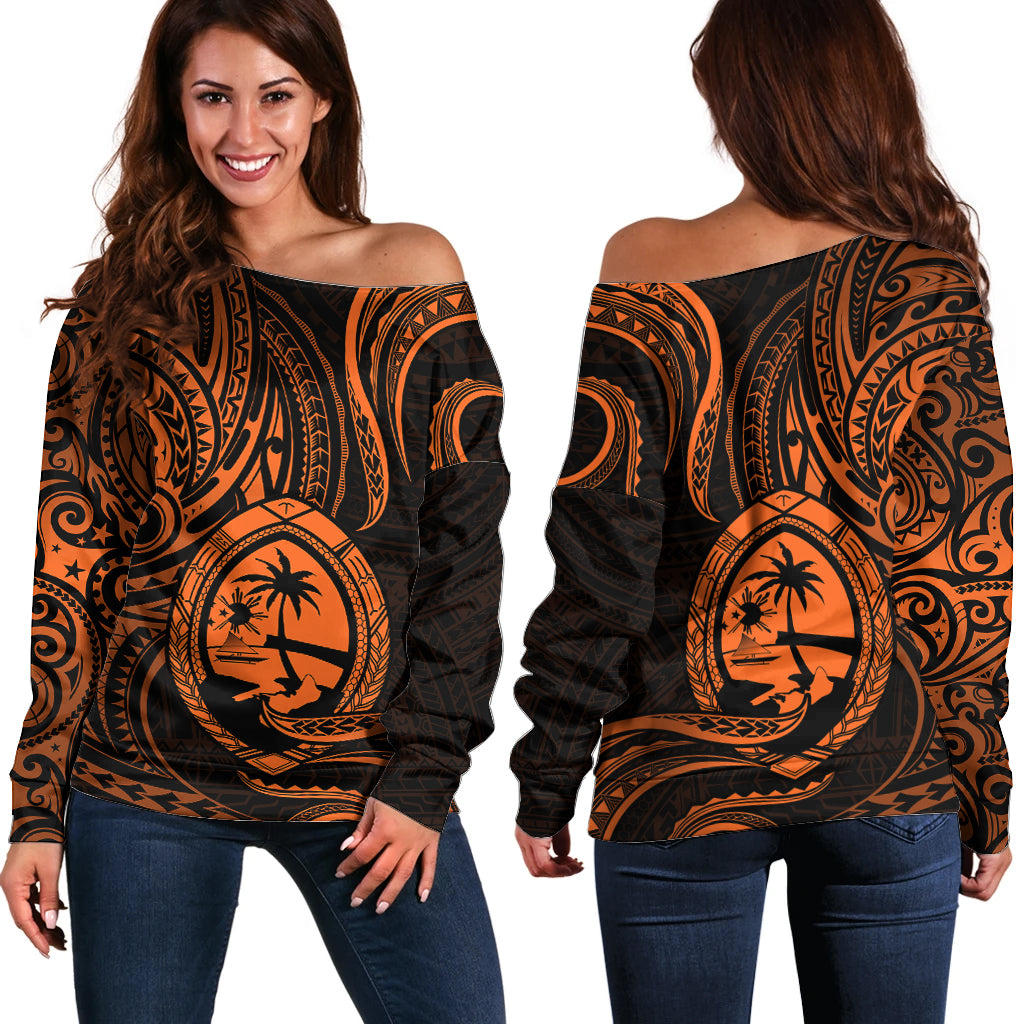 Polynesian Guam Off Shoulder Sweater With Polynesian Tribal Tattoo and Coat of Arms Orange Version