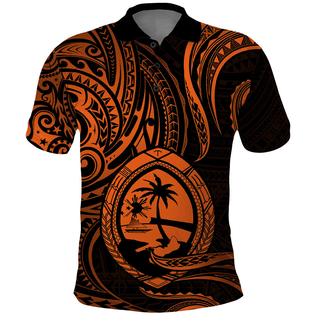 Polynesian Guam Polo Shirt With Polynesian Tribal Tattoo and Coat of Arms Orange Version