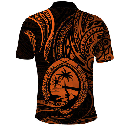 Polynesian Guam Polo Shirt With Polynesian Tribal Tattoo and Coat of Arms Orange Version
